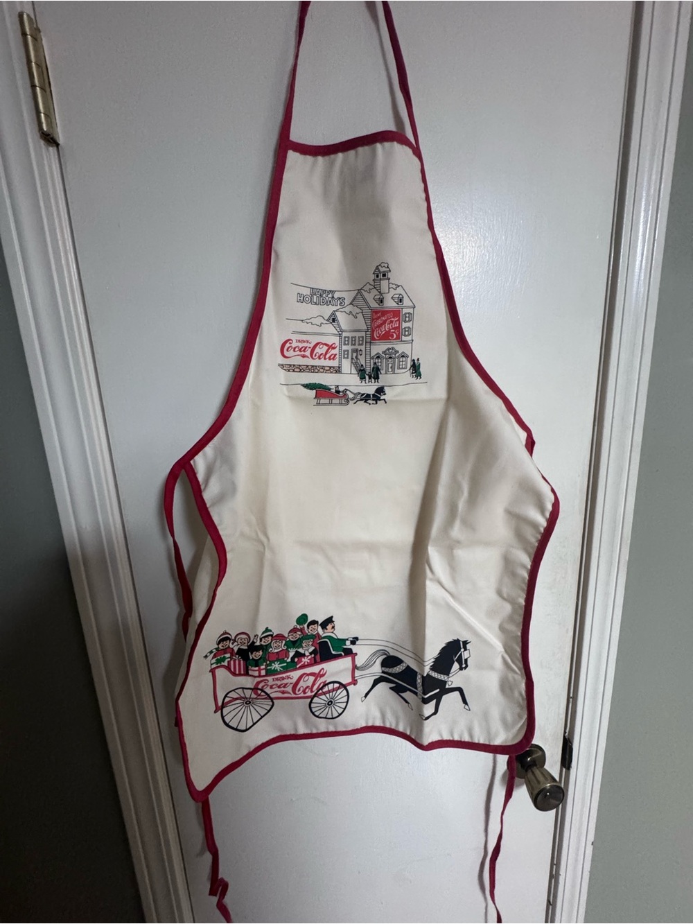 Coca Cola Cream Apron & Hot pads with Red Trim and Holiday Wagon Graphic